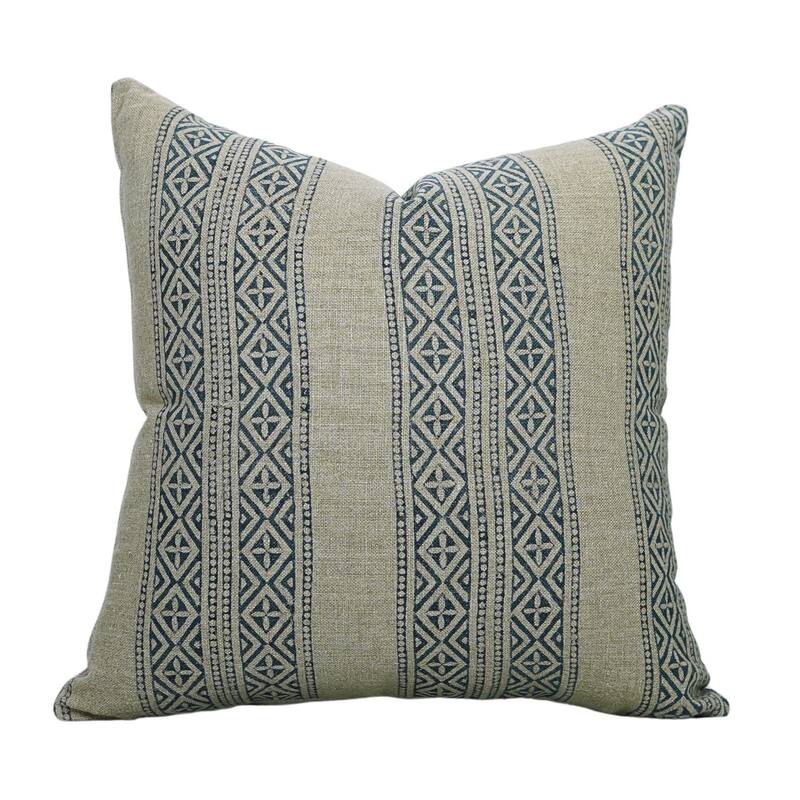 Linen Farmhouse Block print pillow Cover - Kaju Katli - Pillow Covers - 22" x 22"