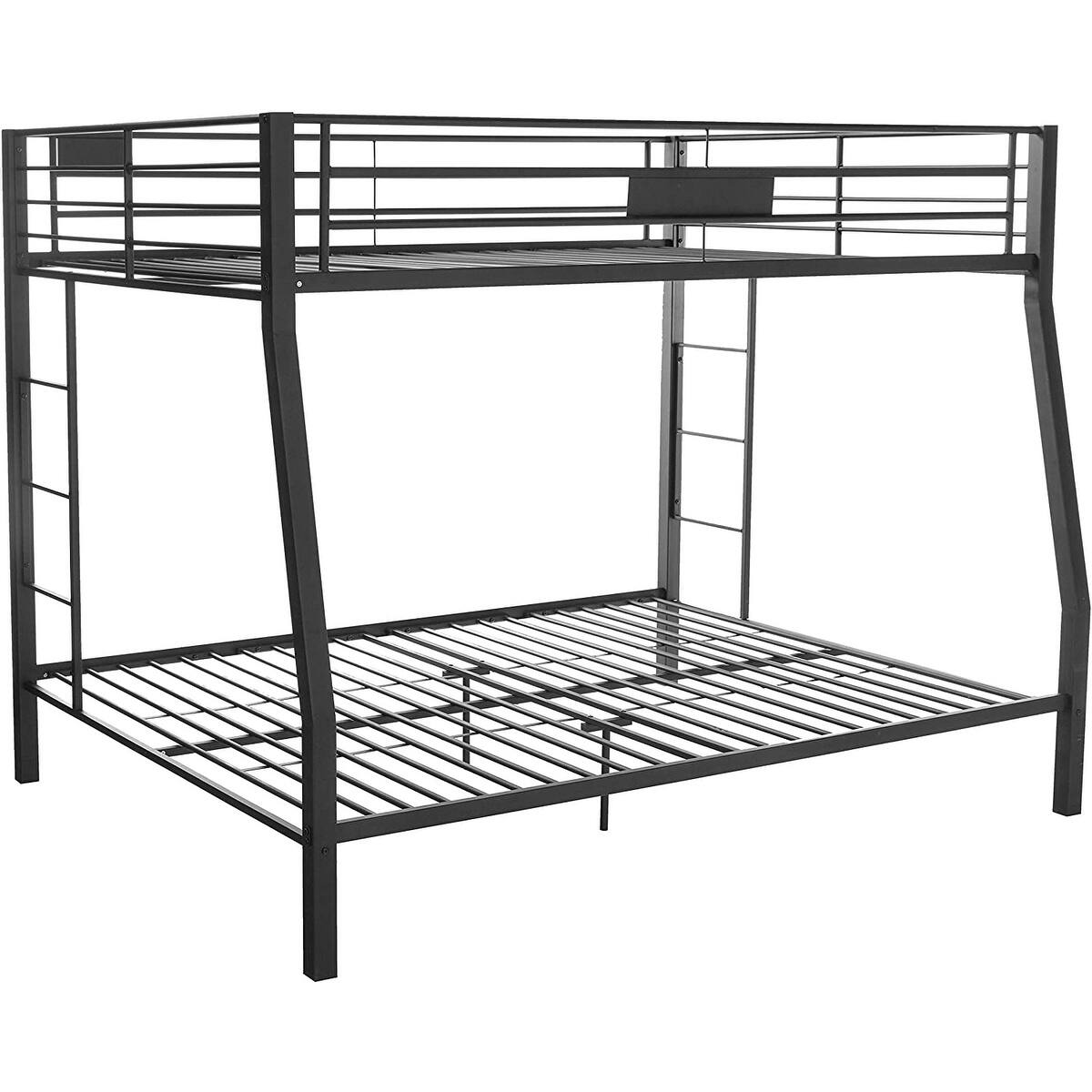 Contemporary Black Metal Tube Bunk Bed Full XL over Queen with Dual Ladders and Guardrail Bed