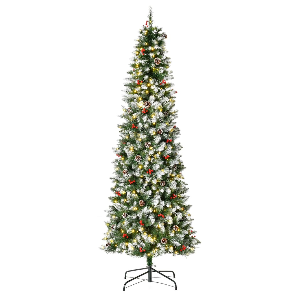 7.5FT Pre-Lit Christmas Tree, Snow-Dipped with 350 LED Lights, 1075 Tips, Pine Cones & Red Berries