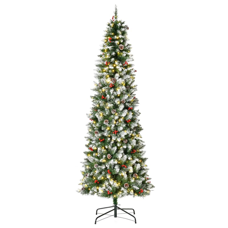 HOMCOM Pre-Lit Snow-Dipped Artificial Tree - Realistic Branches, LED Lights, Pine Cones, Red Berries - Green