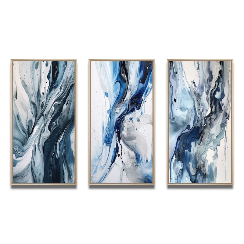 Designart "Blue And Grey Ethereal Elixir III" Abstract Framed Wall Art Set Of 3 Frame Canvas Set For Living Room Decor