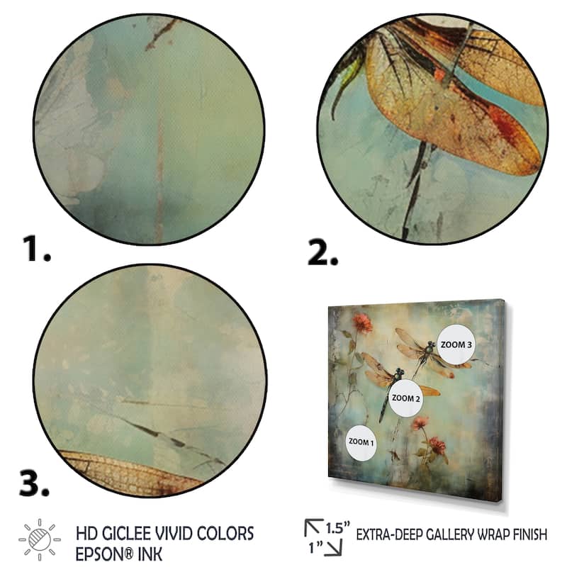 Designart "Vintage Painting Of Dragonfly Flying" Animals Dragonfly Framed Canvas Prints