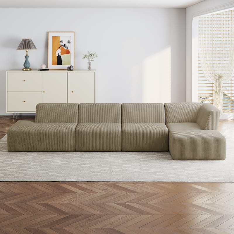 Modern Corduroy Non-Assembly L-Shaped Sectional Sofa Couch with Chaise - Khaki-5 Piece - Right Facing