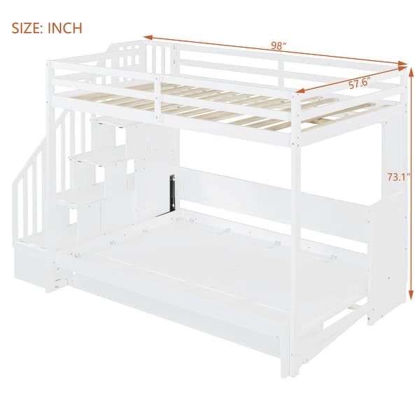 Full Size Convertible Murphy Bunk Bed with Hydraulic Lift, Built-In Desk, Storage Staircase