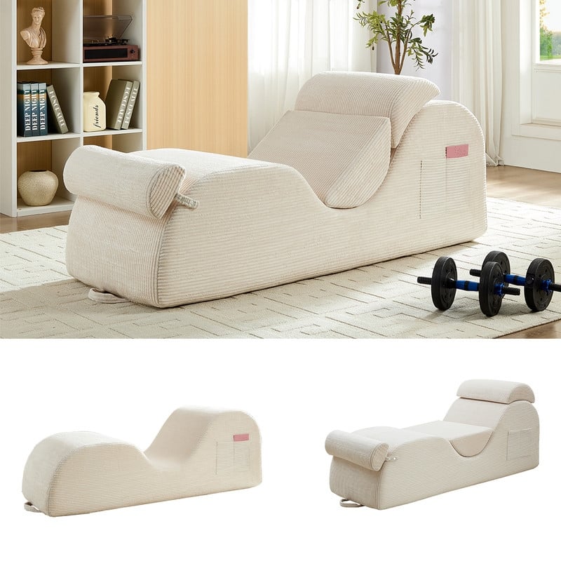 Mixoy Corduroy Yoga Chaise Lounge Chair,Curved Yoga Sofa with Movable Headrest/Waist Cushion/Footrest,Non-Slip Bottom