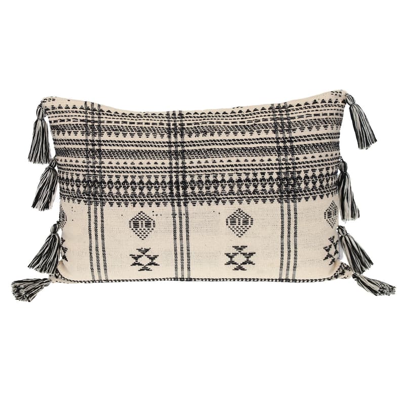 HomeRoots 14" X 20" Beige and Black Southwestern Cotton Throw Pillow With Tassels