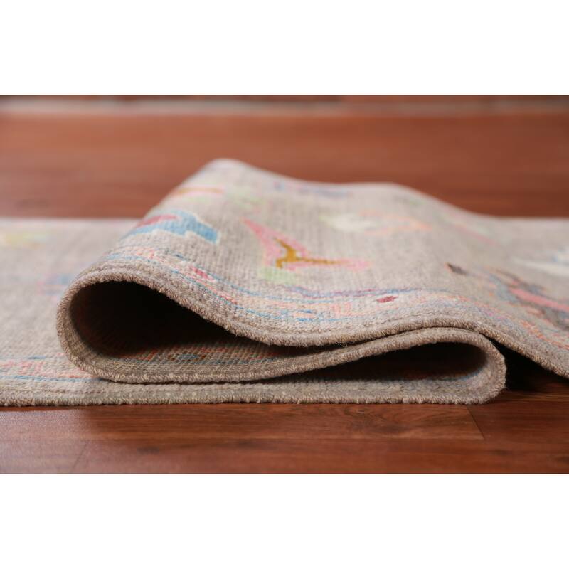 Hand Knotted Oriental 100% Wool Carpet Transitional Floral Greys & Charcoal Oushak Runner Rug - 9' 11'' X 2' 9''