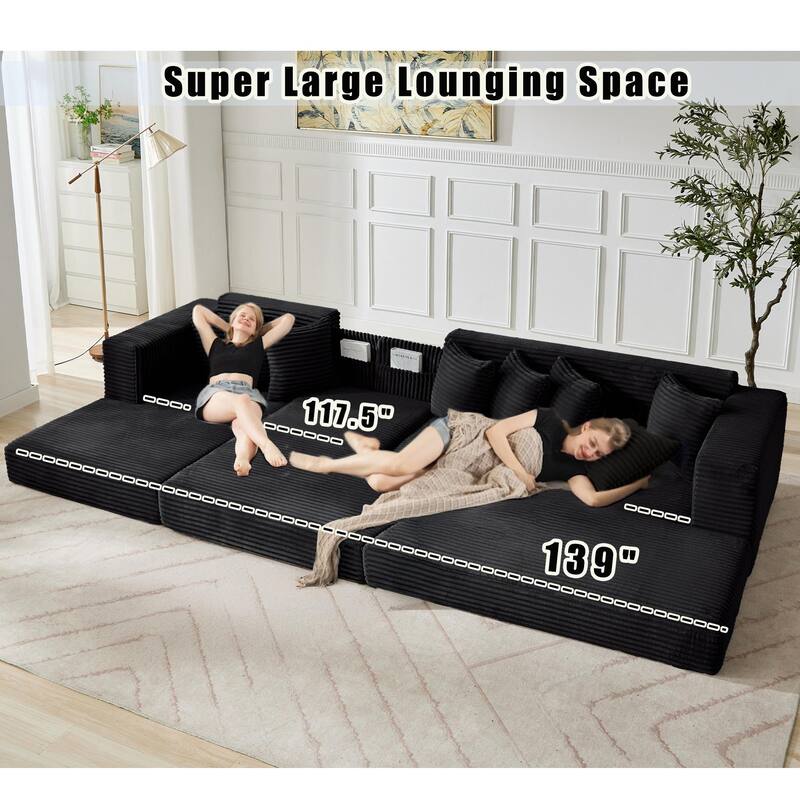 Floor Sleeper Sofa Bed Convertible L-shaped Modular Sectional Couch with Chaise, Corduroy Compression Sofa with Side Pockets