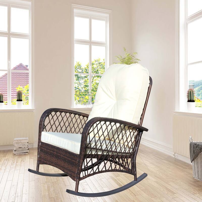 Outdoor Wicker Rocking Chair with Wide Seat, Thick, Soft Cushion, Rattan Rocker w/Steel Frame, High Weight Capacity