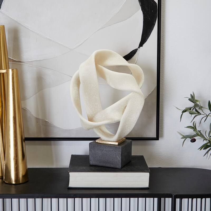 Contemporary White Polystone Abstract Sculpture with Black Base