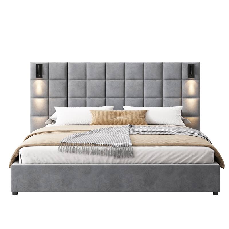 Modern Upholstered Wingback Bed Frame with Wide Headboard, Adjustable Reading Lamp & USB Port, No Box Spring Needed, Velvet,Gray - Gray California King - California King