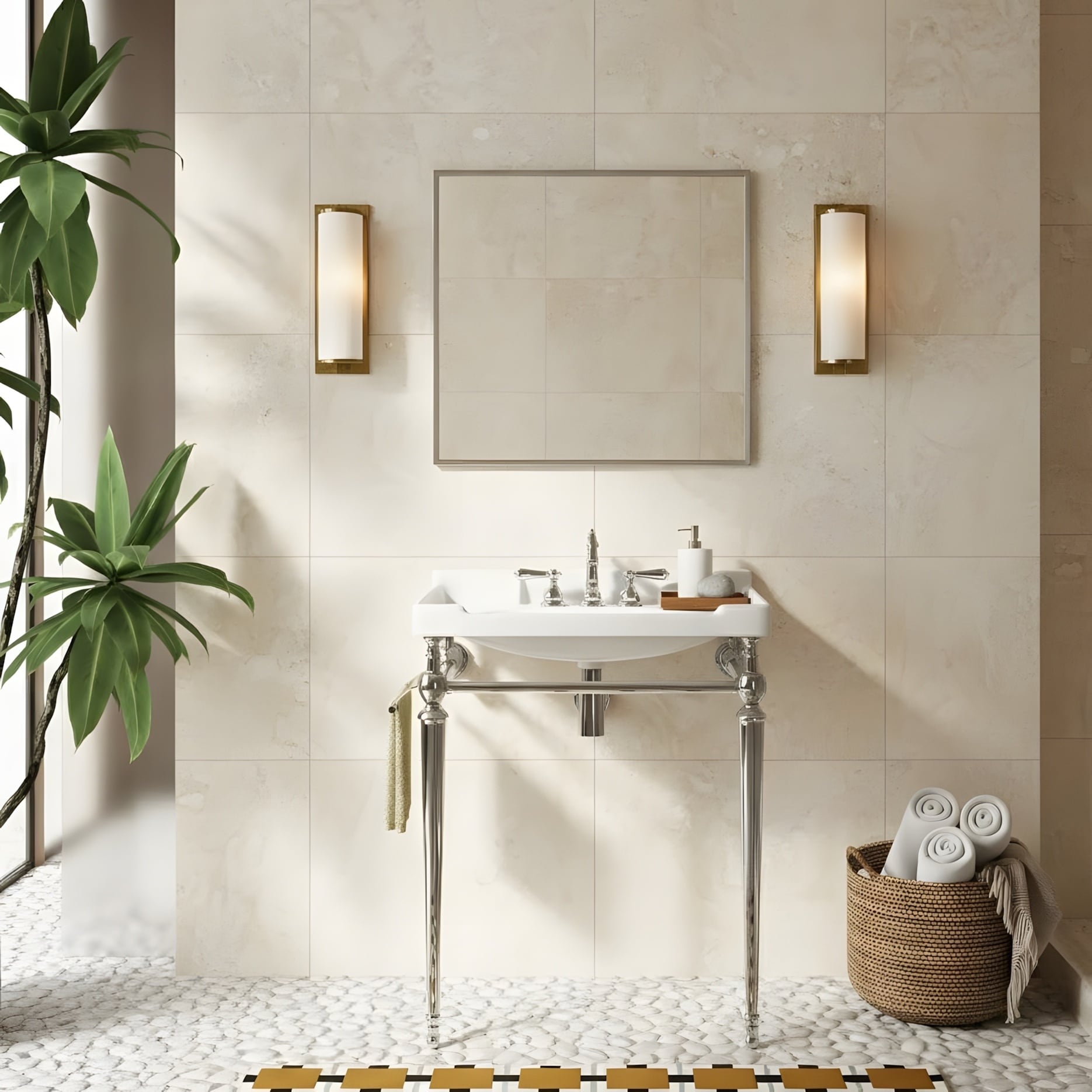 Wall-Mounted Bathroom Vanity with Ceramic Basin and Metal Legs