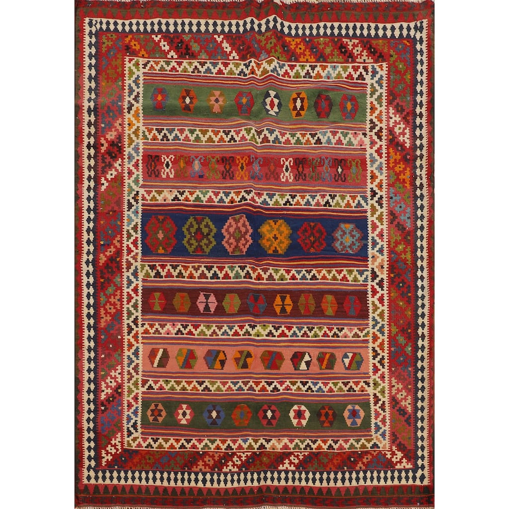 Vegetable Dye Kilim Qashqai Persian Vintage Tribal Wool Carpet - 4'11"x 6'5"