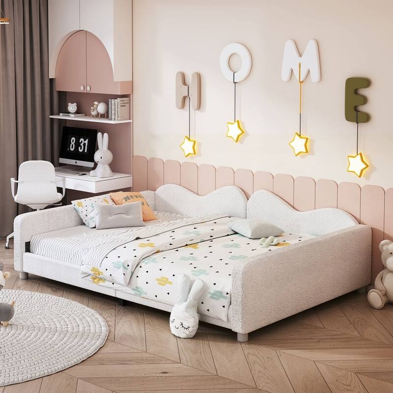 Upholstered Daybed, Sherpa Fabric Sofabed with Cloud-Shaped Backrest