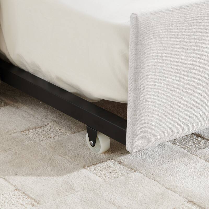 Twin/Full Size Daybed with Trundle, Upholstered Sofa Bed with Vertical Stripes, Linen Fabric, Comfortable Seating for Bedroom