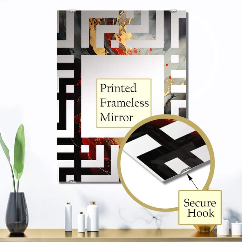 Designart "Red And Gold Marble Volcano V" Abstract Painting Mirror Red - Modern Large Wall Mirror For Bathroom