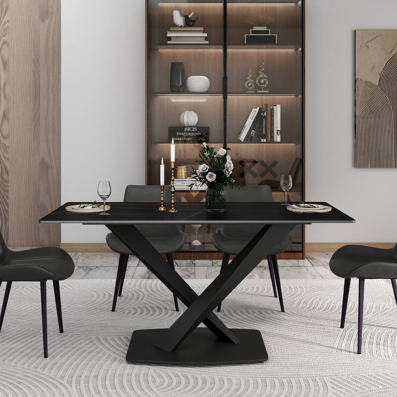 63" Dining Table for 6 with Sintered Stone Tabletop and with X-Shape Carbon Steel Pedestal