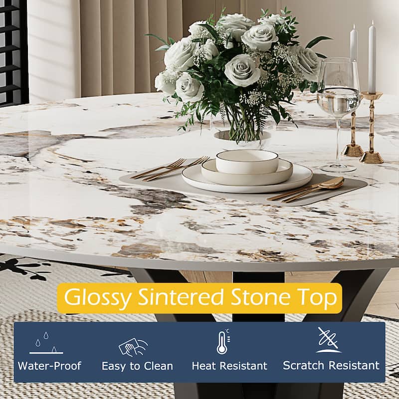 59" Round Sintered Stone Dining Table for 6-8, Glossy Pandora Table top