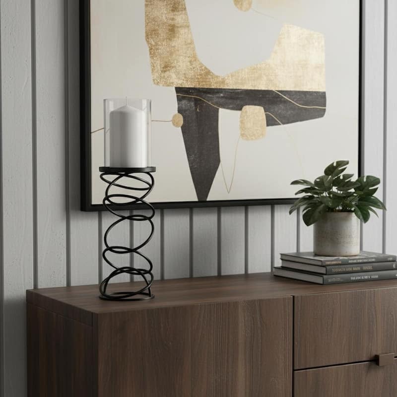 17" Black Geometric Glass And Metal Tabletop Pillar Candle Holder - Black