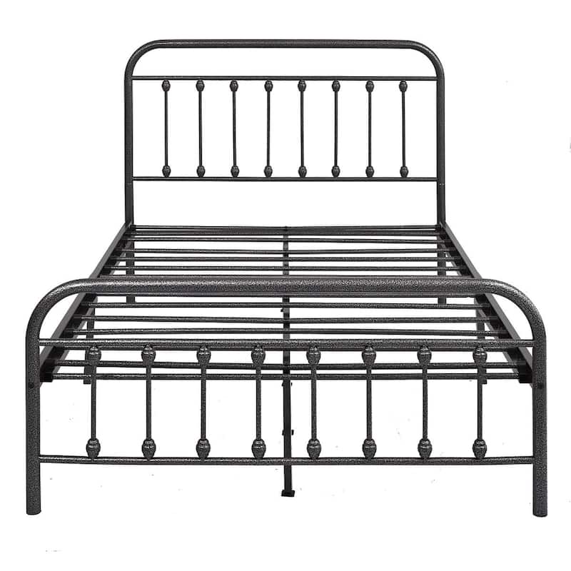 Victorian Style Metal Platform Bed Frame with Iron-Art Headboard Footboard, Under Bed Storage, No Box Spring Needed, Noise Free - Black Silver - Queen