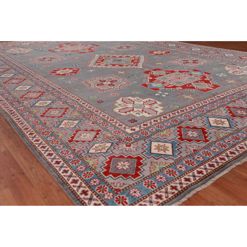 Hand Knotted Oriental 100% Wool Carpet Traditional Geometric Greys & Charcoal Kazak Area Rug - 13' 7'' X 9' 10''
