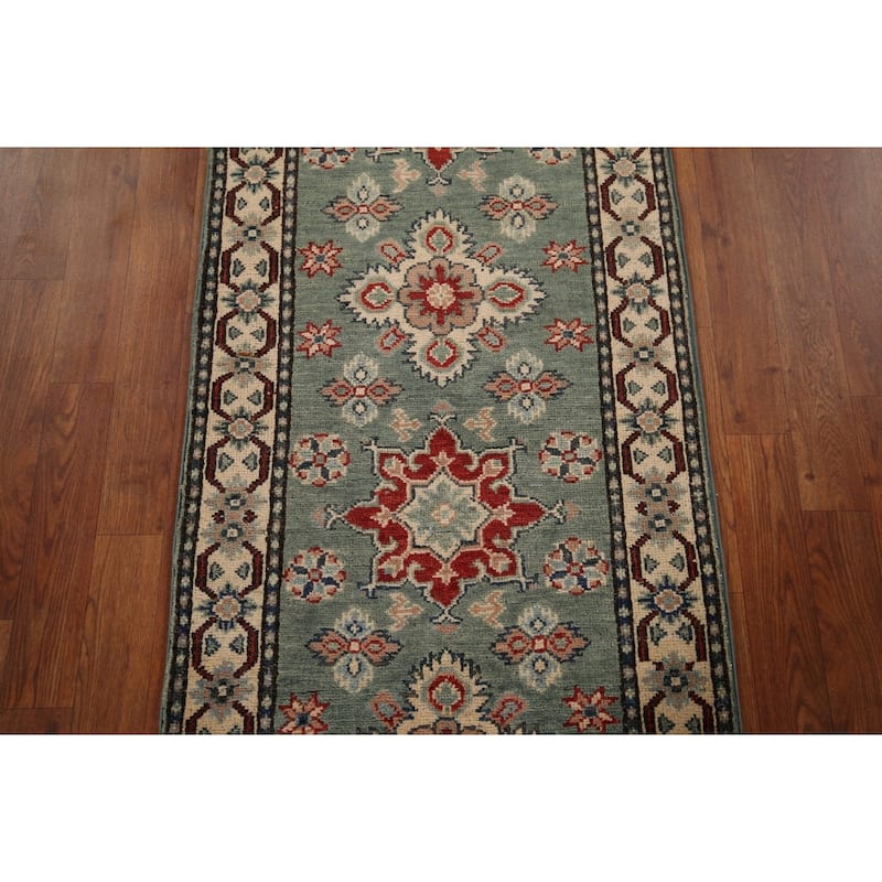 Green Geometric Kazak Oriental Runner Rug Handmade Wool Carpet - 2'2" x 5'11"