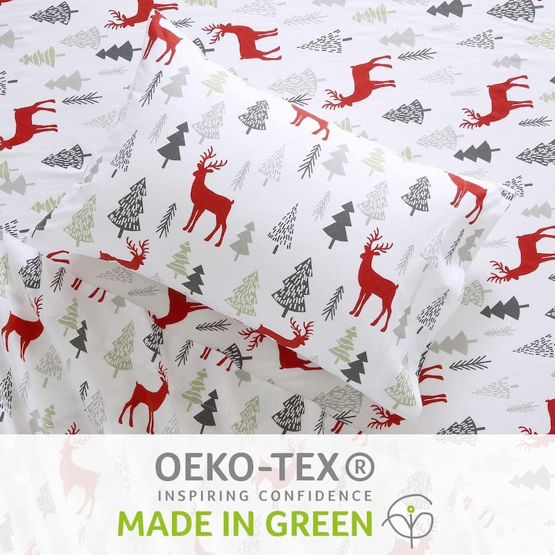 Christmas Red Christmas Reindeer Deer Bed Sheets Set with 16 Inches Deep Pocket