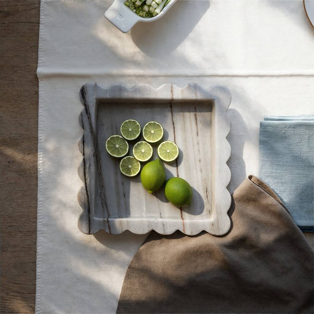 Mélange Scalloped Marble Tray - 8.0"L x 8.0"W x 1.5"H