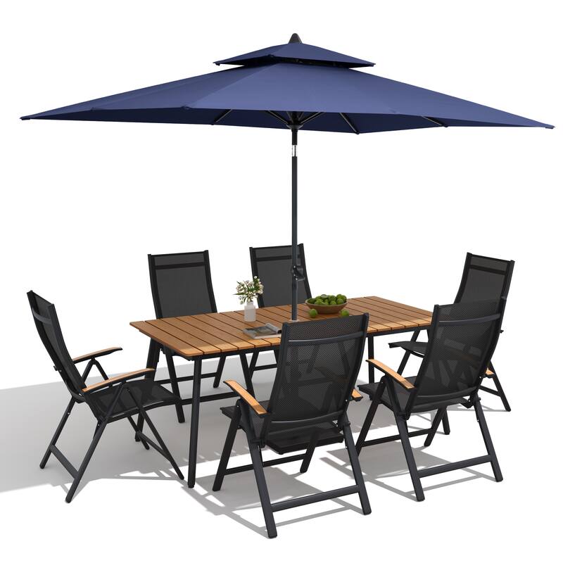 9/11-Piece Outdoor Aluminum Patio Dining Set w/10 ft Umbrella and Base, Rectangle Table and Folding Chairs