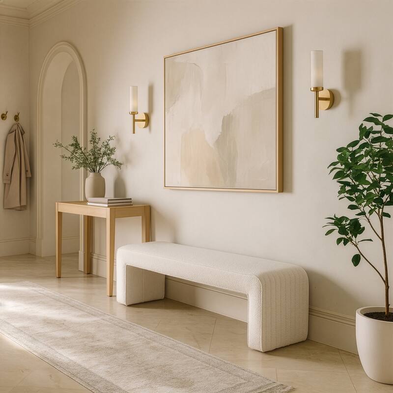 Benicia White Boucle Upholstered Fabric Tufted Bench