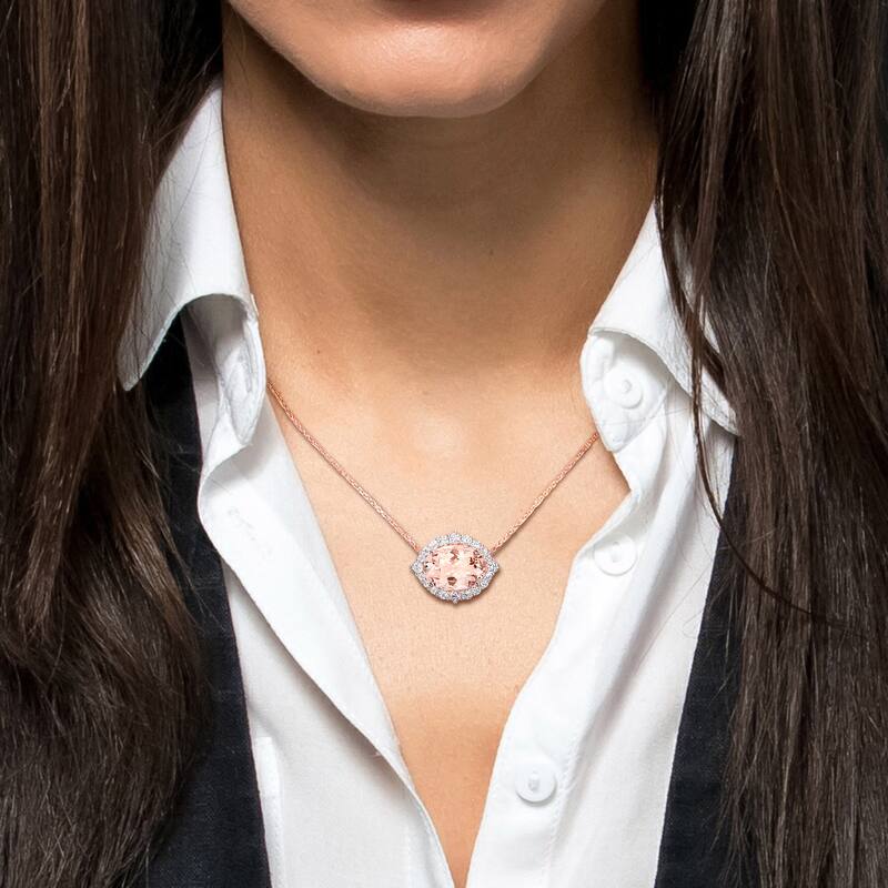 Miadora 4 7/8ct TGW Oval-Cut Morganite and 4/5ct TDW Diamond Halo Necklace in 14k Rose Gold