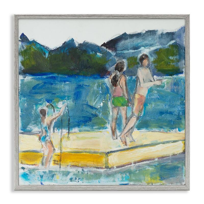 Stupell Kids on Swimming Dock Abstract Contemporary Lake Scene Framed Wall Art - 24 x 24 - Grey