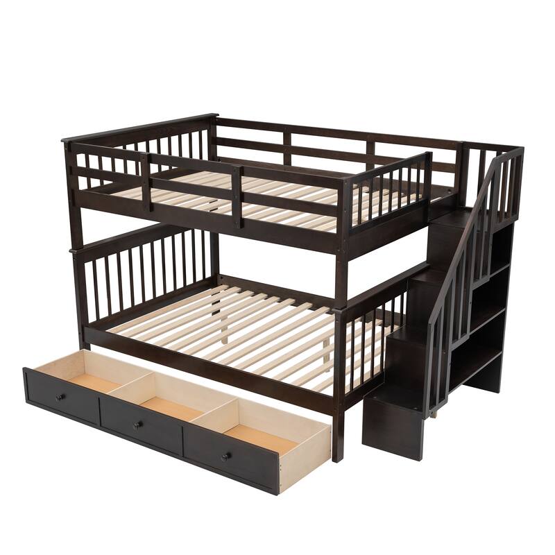 Full-Over-Full Bunk Bed with Storage Drawer, Guard Rail, and Staircase, Espresso Finish