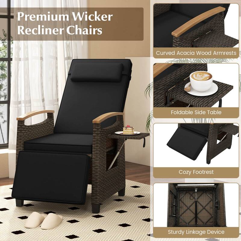 Costway 1/2 PCS Patio Wicker Recliner Chair with Adjustable Backrest
