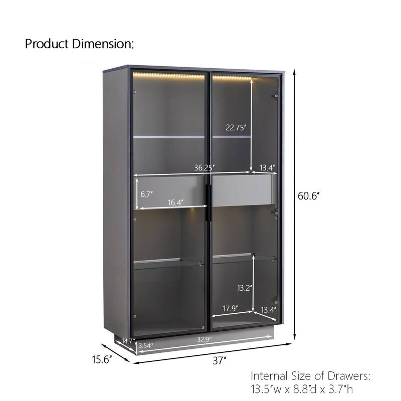 Roomfitters 60.6'' Display Cabinet with Glass Doors, Freestanding Pantry Storage Cabinet with Adjustable Shelves for Home, Grey