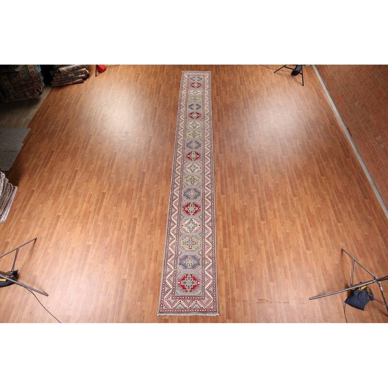 Grey Geometric Kazak Oriental Runner Rug Handmade Wool Carpet - 2'8" x 20'0"