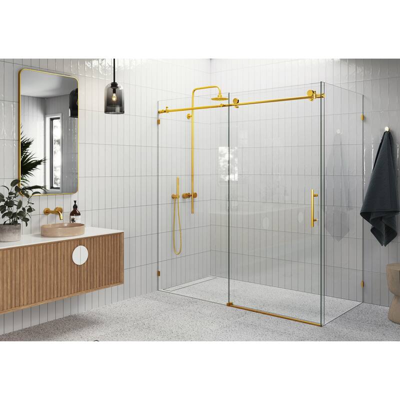 Glass Warehouse 68 in - 72 in x 30 in x 78 in Frameless Sliding Shower Door with Return Panel - Satin- Brass