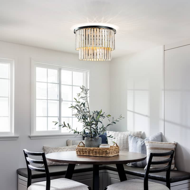 Matte Black Coastal Natural Capiz Round Flush Mount 5-Light Modern Ceiling Light Fixture for Living Room and Dining Room
