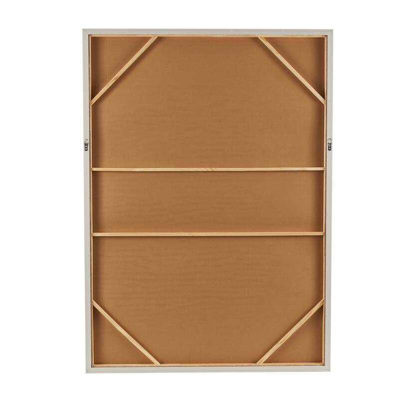 Brown Wood Textured Geometric Framed Wall Art with Abstract Black and White Shapes and Fabric Backing