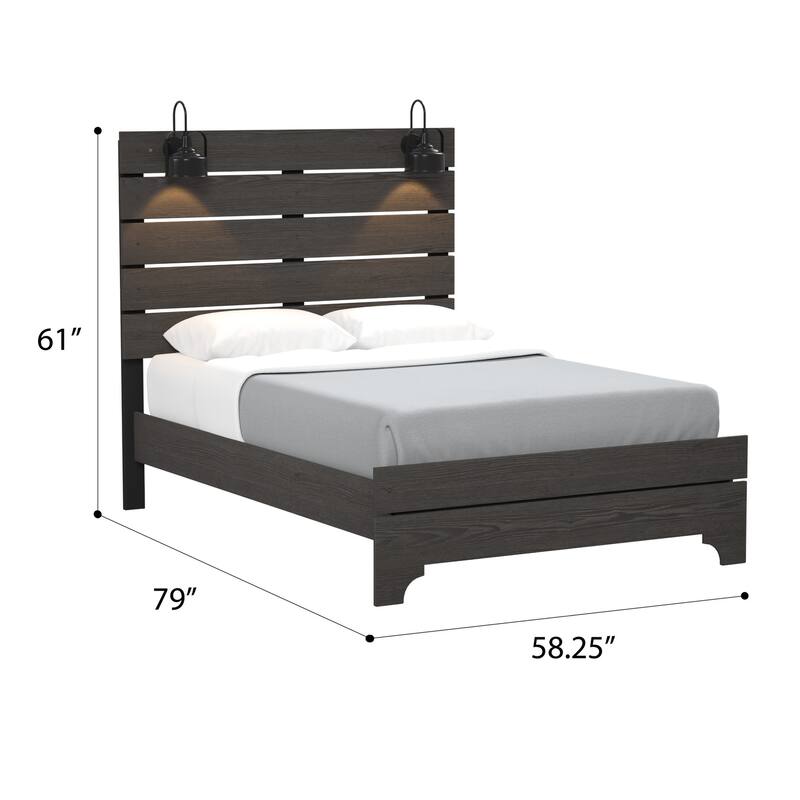 Farmhouse Queen Platform Bed in Stone Brown with Built-In LED Lighting and High Headboard, Easy Assembly