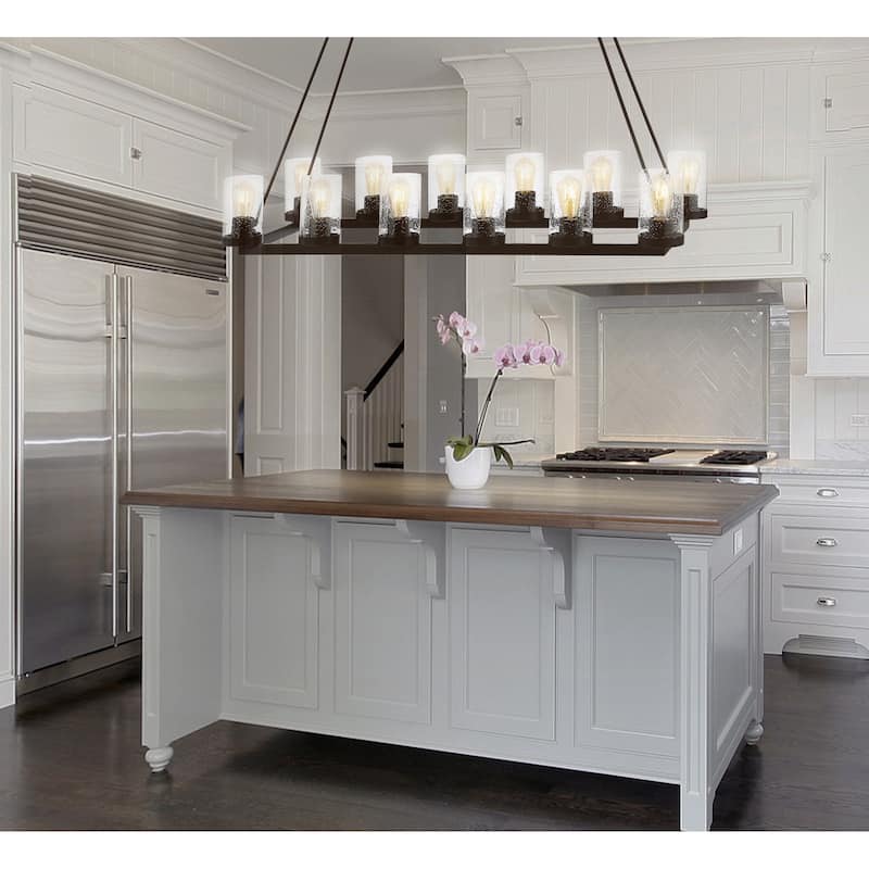 Jonah 45.5" 12-Light Seeded Glass/Iron Rustic Farmhouse Linear LED Chandelier, Oil Rubbed Bronze by JONATHAN Y - 12 Lights