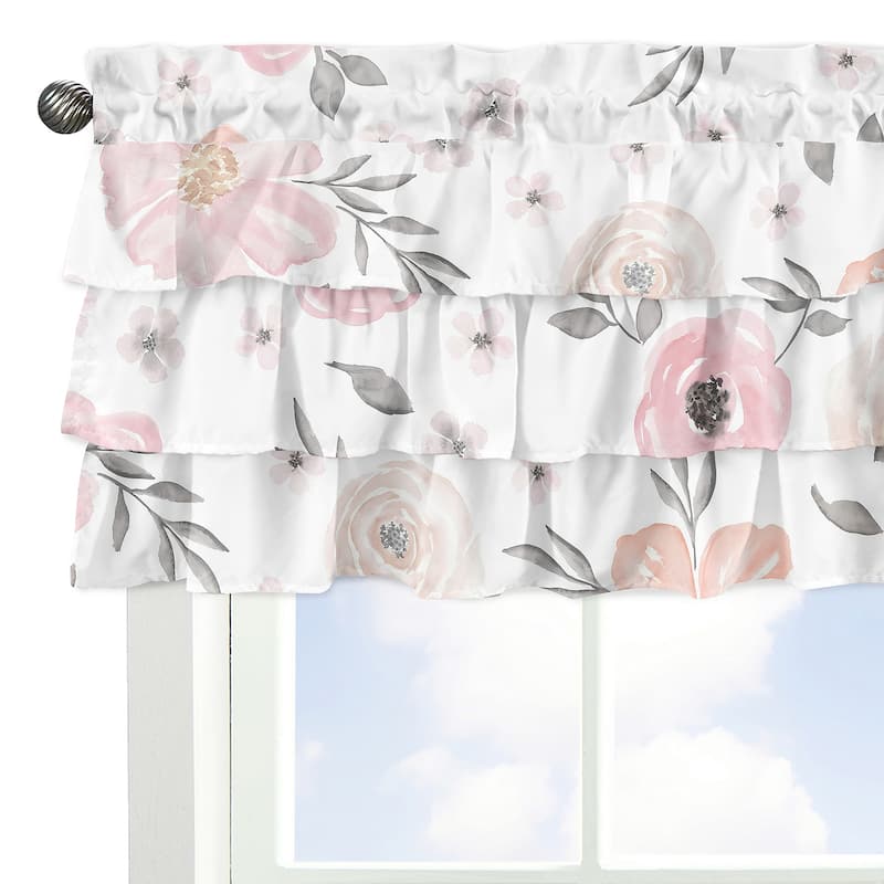 Pink and Grey Watercolor Floral Window Curtain Valance - Blush Gray White Shabby Chic Rose Flower Polka Dot Tiered Ruffled