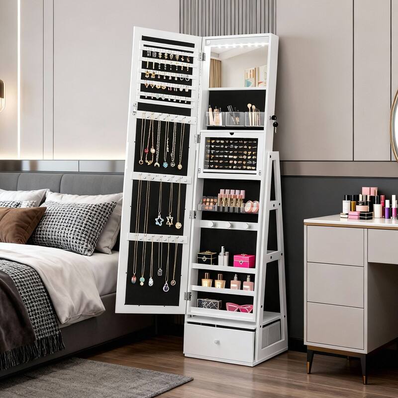 White Mirror Cabinet with 1 Door 1 Fabric Drawer 3 Shelves