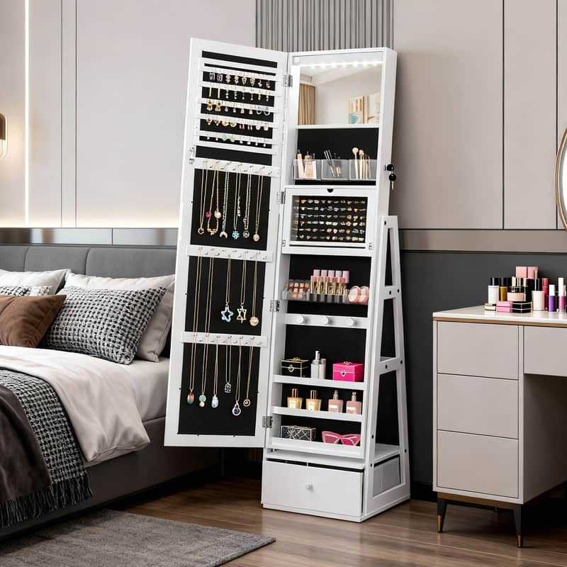 White Mirror Cabinet with 1 Door 1 Fabric Drawer 3 Shelves