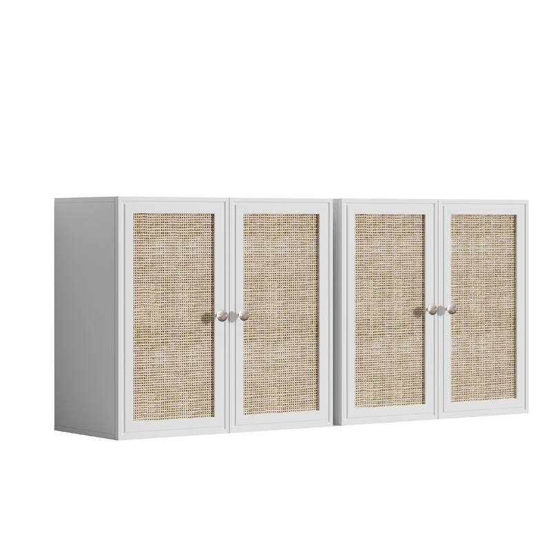 Rattan Wall Cabinets with Adjustable Shelf and LED Light Set of 2 - White