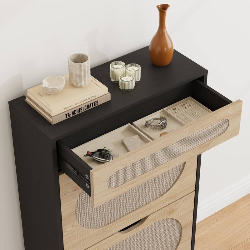 Shoe Cabinet, Rattan Shoe Storage With 2 Flip Drawer and 1 Pull-Out Drawer, Heavy Duty Metal Leg