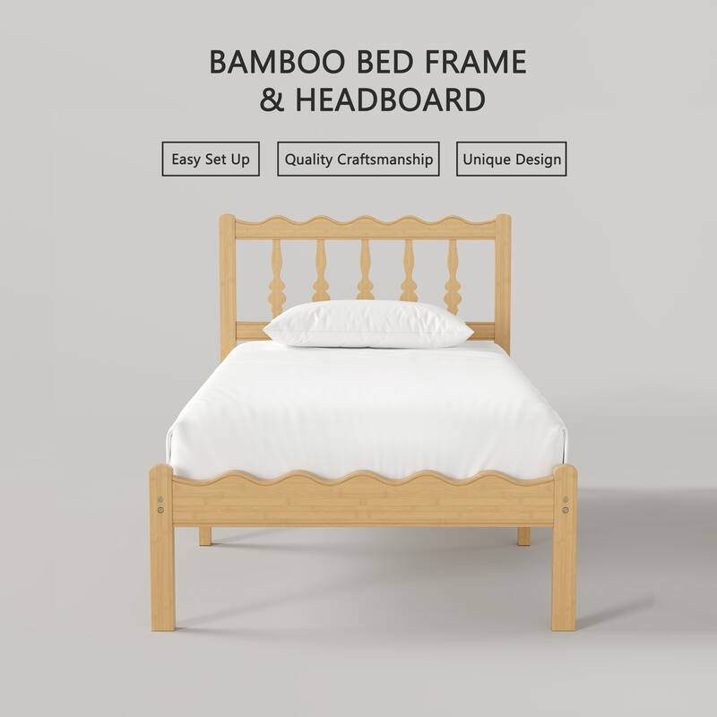 Solid Bamboo Bed Frame with Headboard, Heavy Duty Metal Slat Support, Easy Assembly