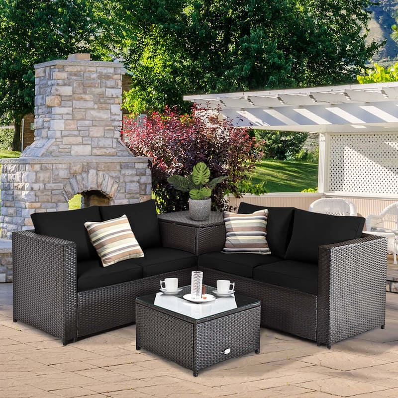 Costway 4PCS Outdoor Patio Rattan Furniture Set Cushioned Loveseat - Black