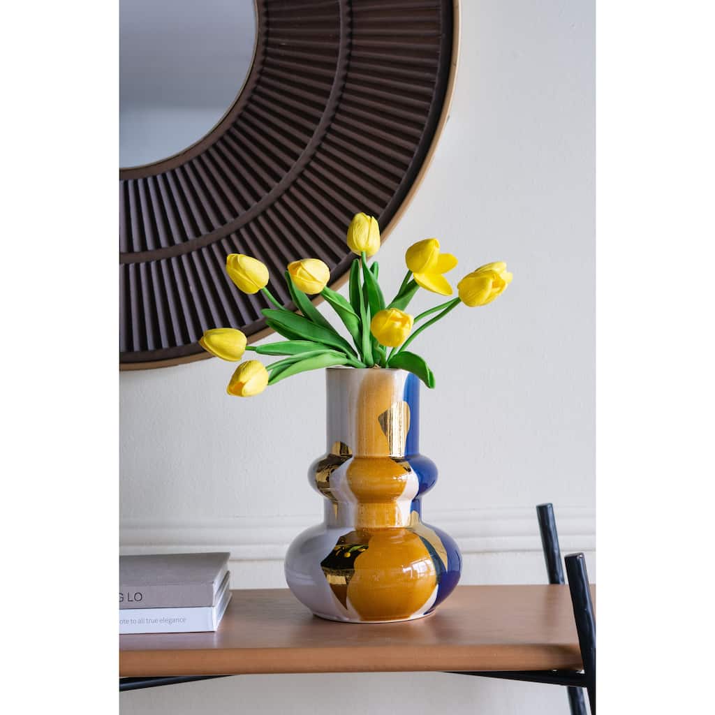 7.3x7.3x9.8" Bulbous Ceramic Vase with Abstract Multicolored Finish