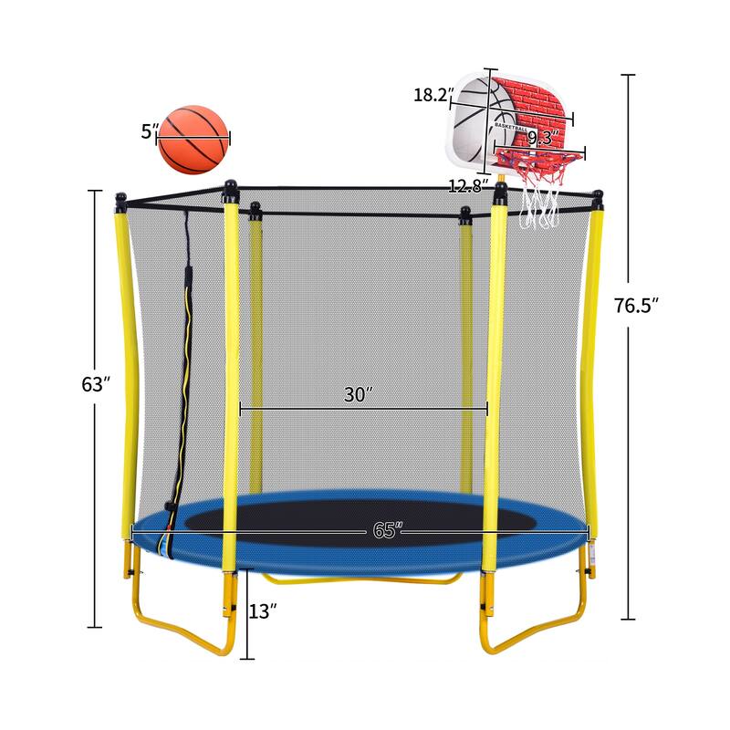 Toddler Trampoline - Safety Enclosure Net & Balls, Indoor Outdoor Mini Trampoline - Yellow - 65
